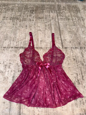 Plus Size 1X Burgundy Floral Lace Babydoll Lingerie Sheer Mesh Chemise